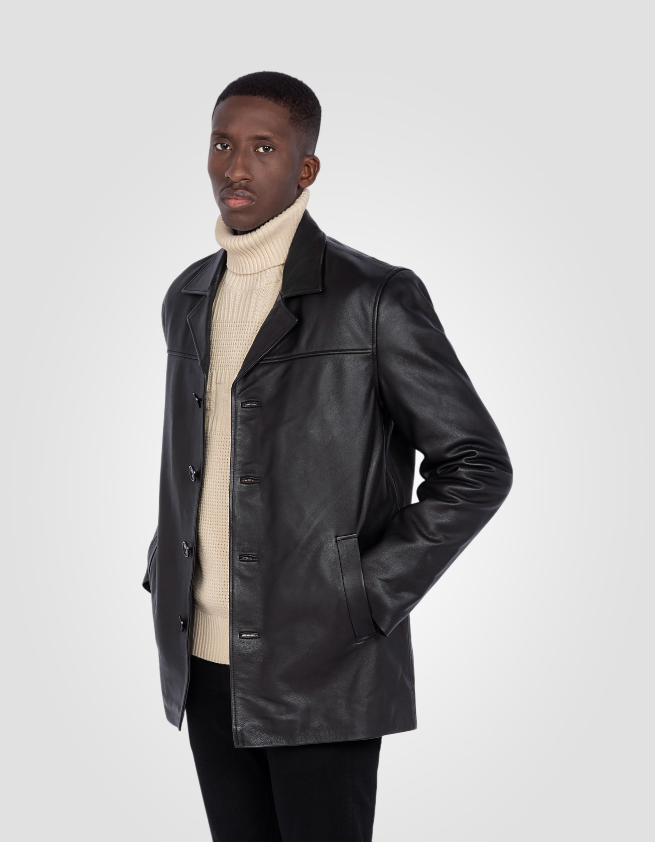 Mi Longue Veste Cuir Homme Marque Veste Droite Noire Mi-longue