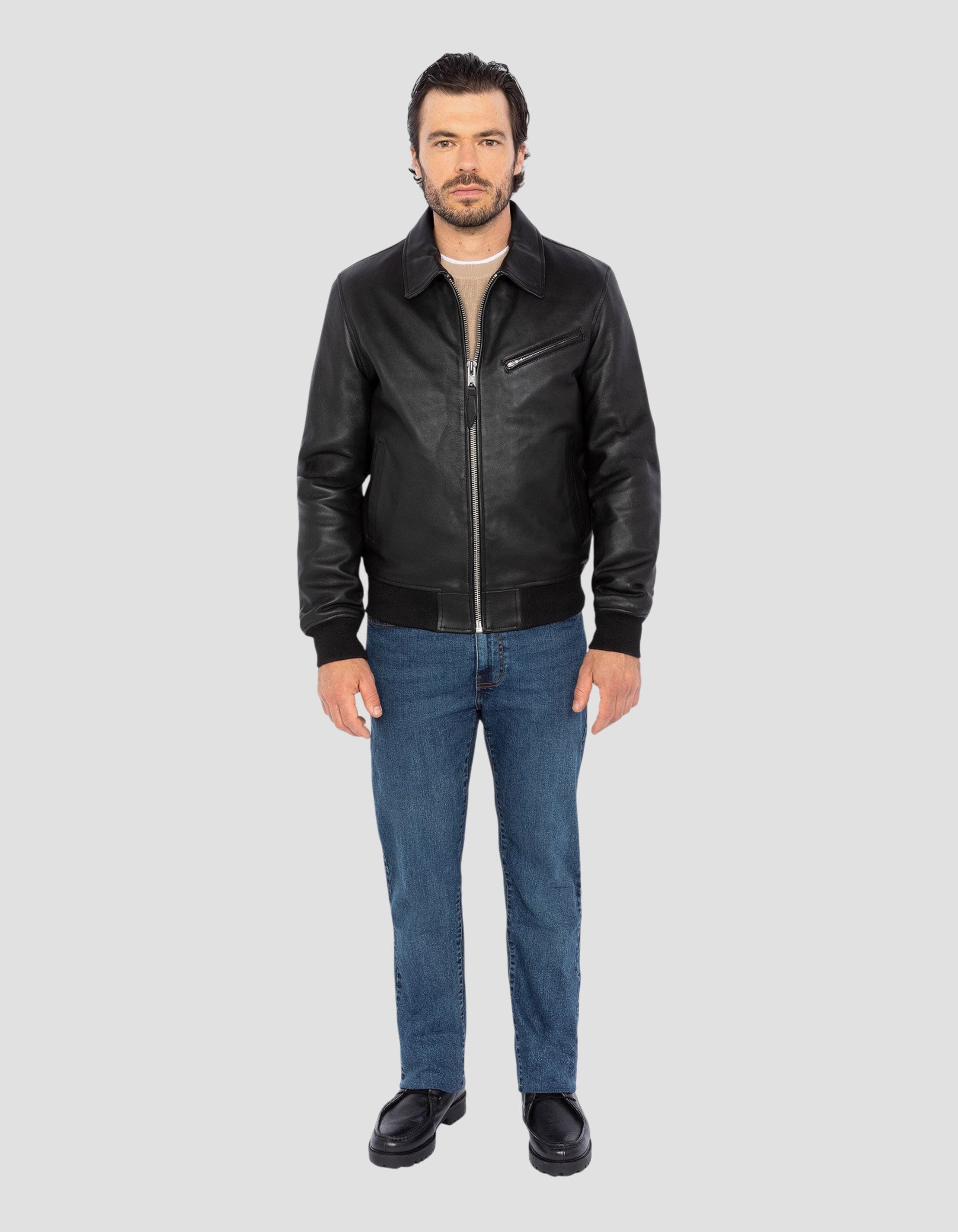 Blouson casual noir, cuir d'agneau-1