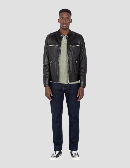 Blouson motard noir, cuir d'agneau