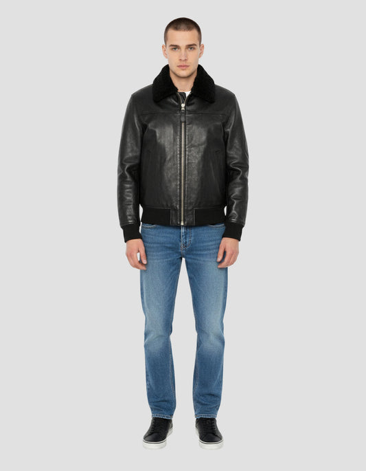 Blouson pilote noir avec col mouton amovible, cuir de vachette