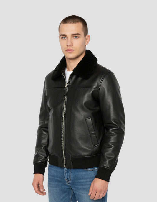 Blouson pilote noir avec col mouton amovible, cuir de vachette