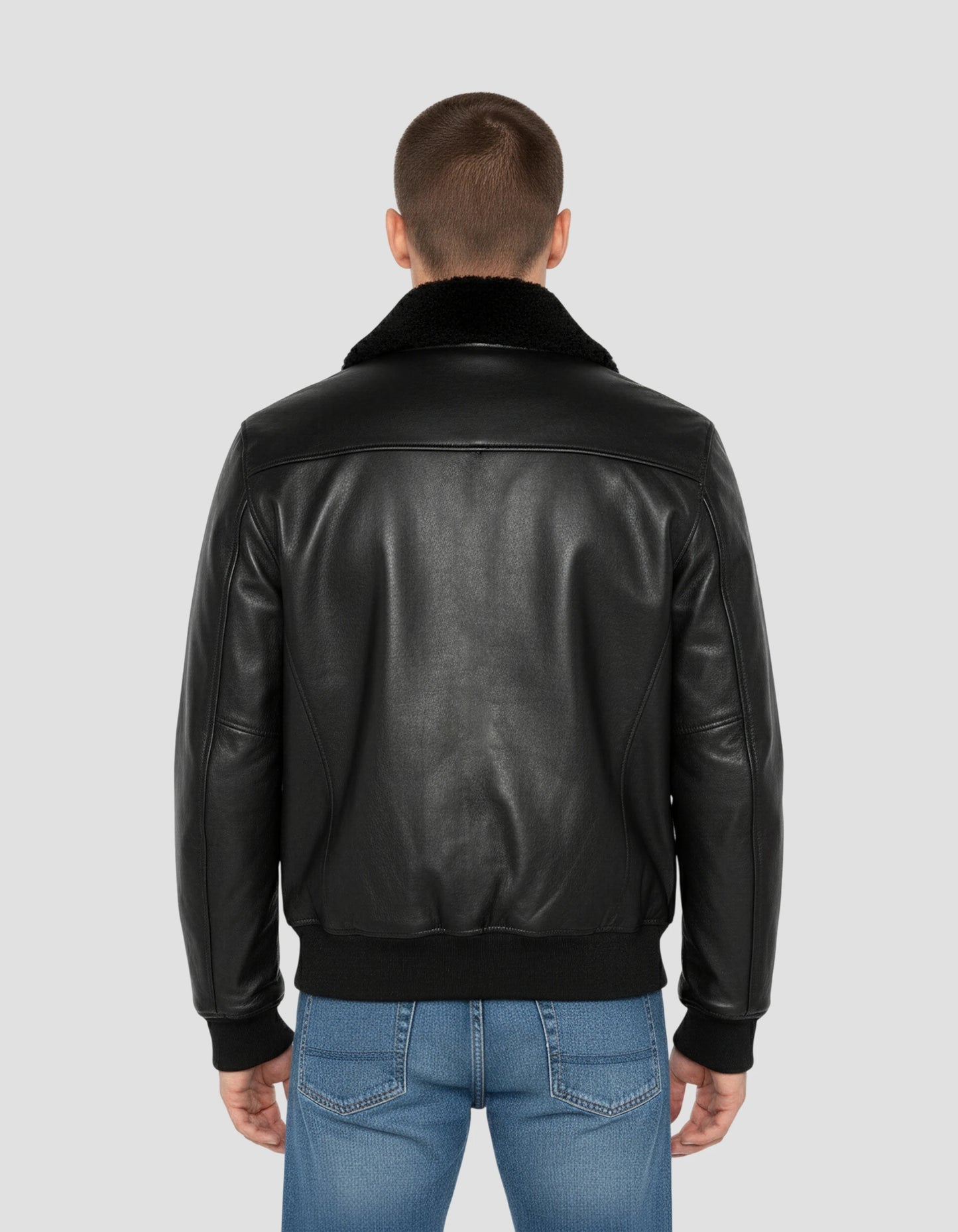 Giacca pilota nera con pecore rimovibile, pelle di mucca