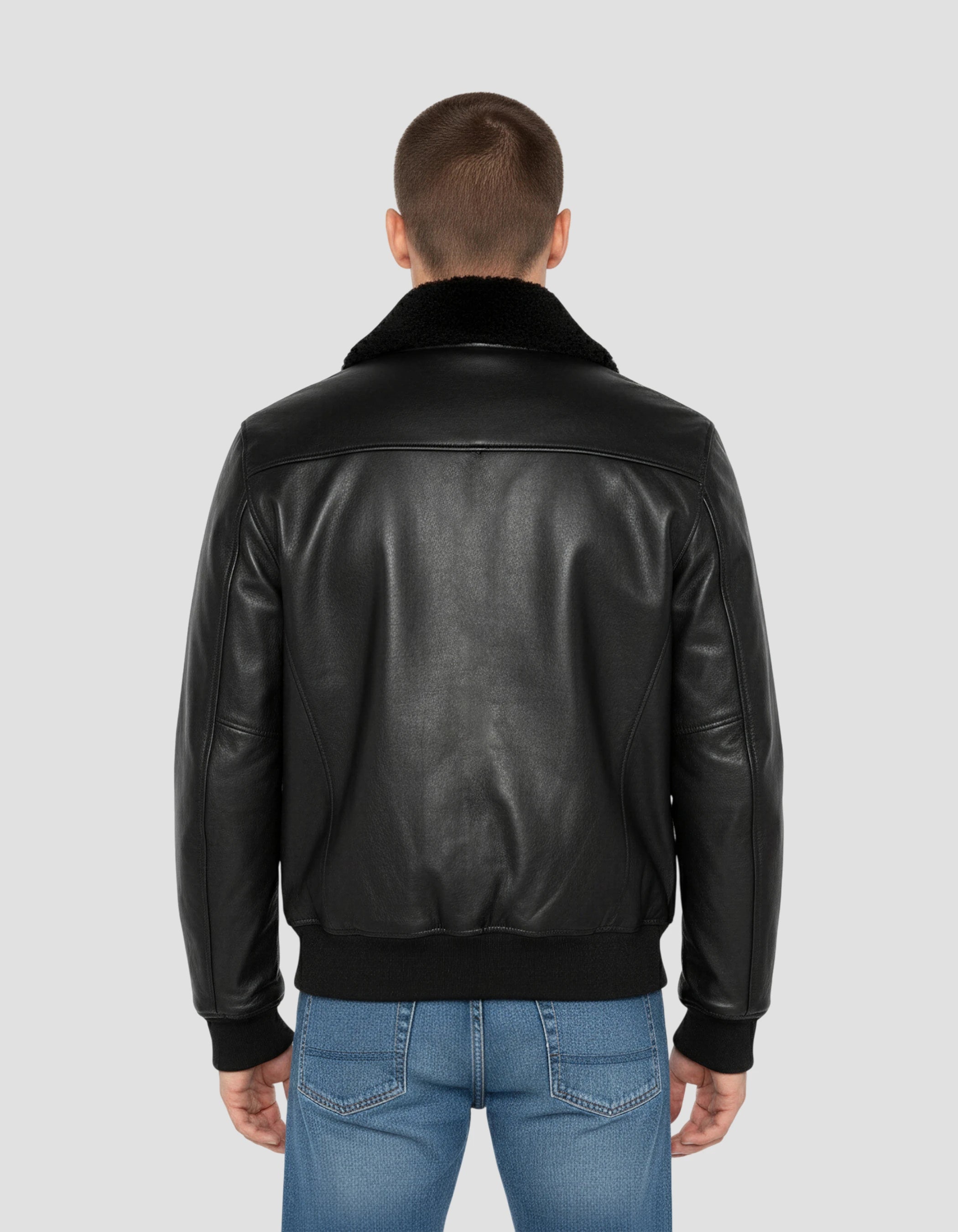 Giacca pilota nera con pecore rimovibile, pelle di mucca-4