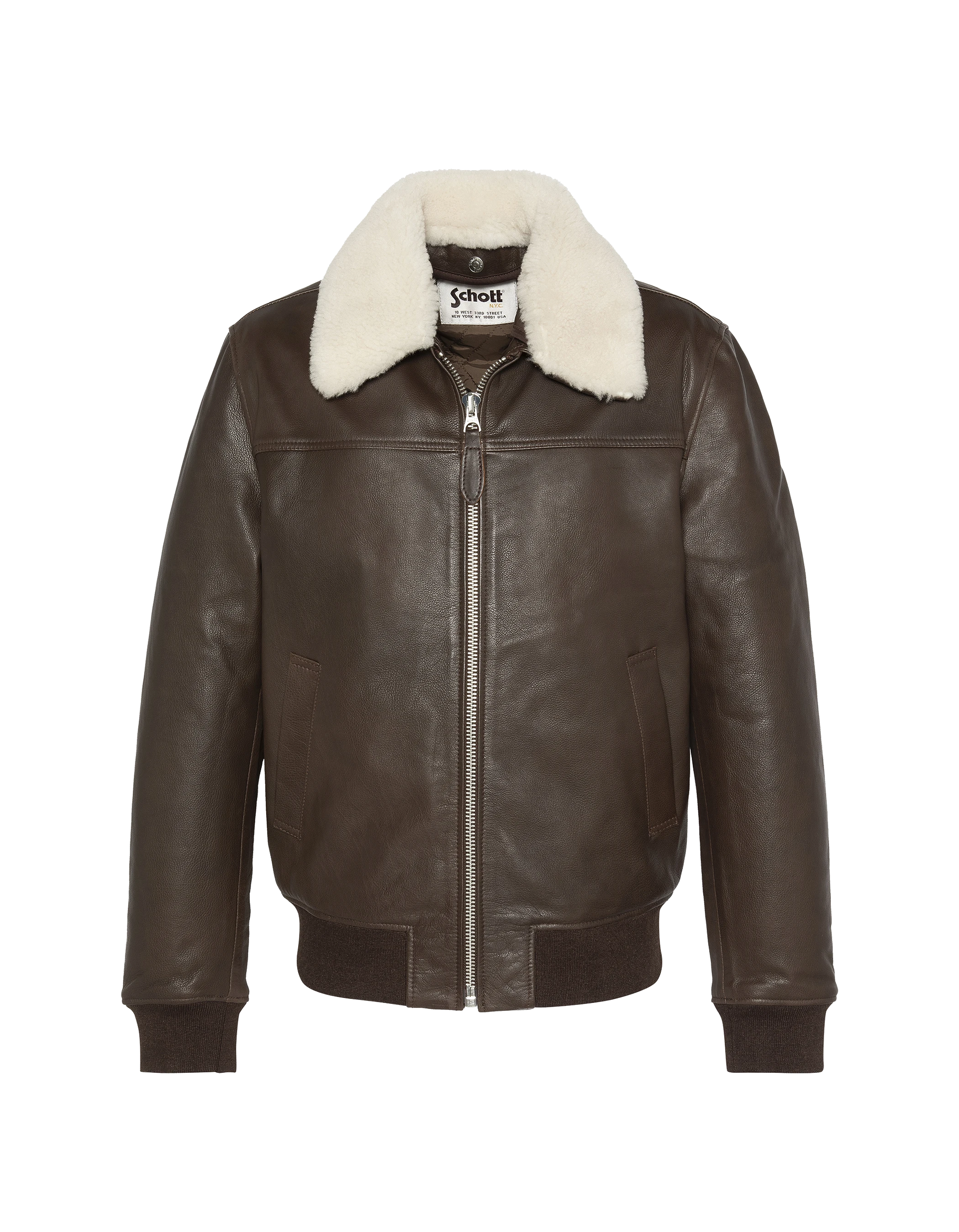 Brown pilot jacket with removable sheep collar, cowhide leather