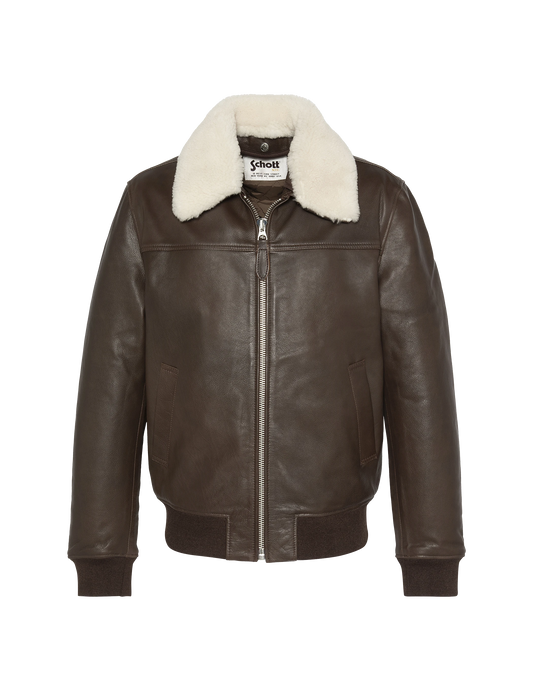 Blouson pilote marron avec col mouton amovible, cuir de vachette