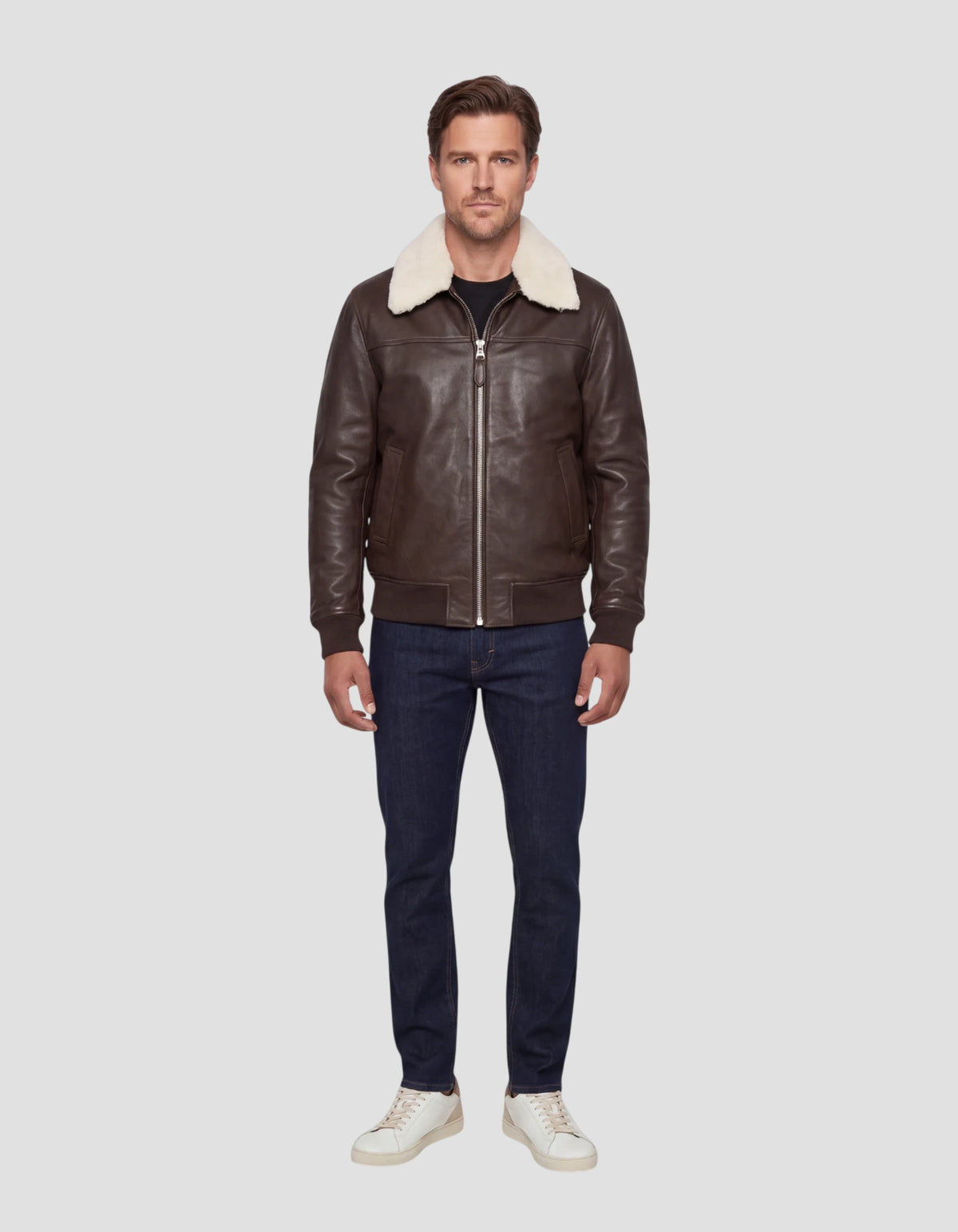 Blouson pilote marron avec col mouton amovible, cuir de vachette-1