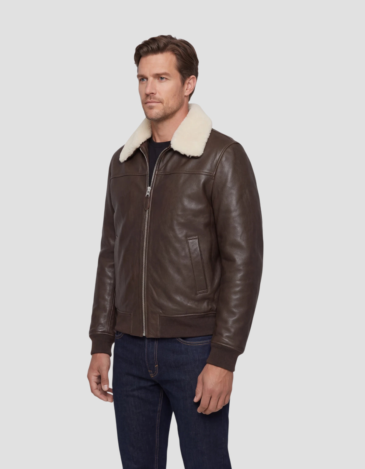 Blouson pilote marron avec col mouton amovible, cuir de vachette-3