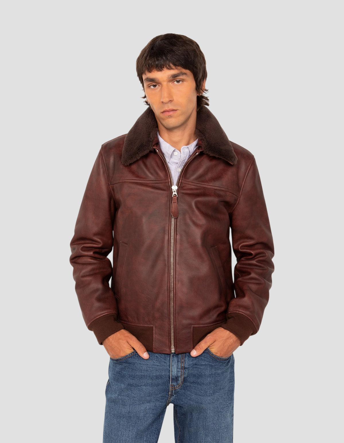 Blouson casual bordeaux effet vintage, cuir de vachette
