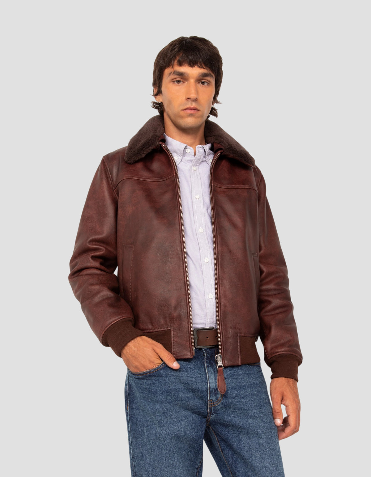 Blouson casual bordeaux effet vintage, cuir de vachette