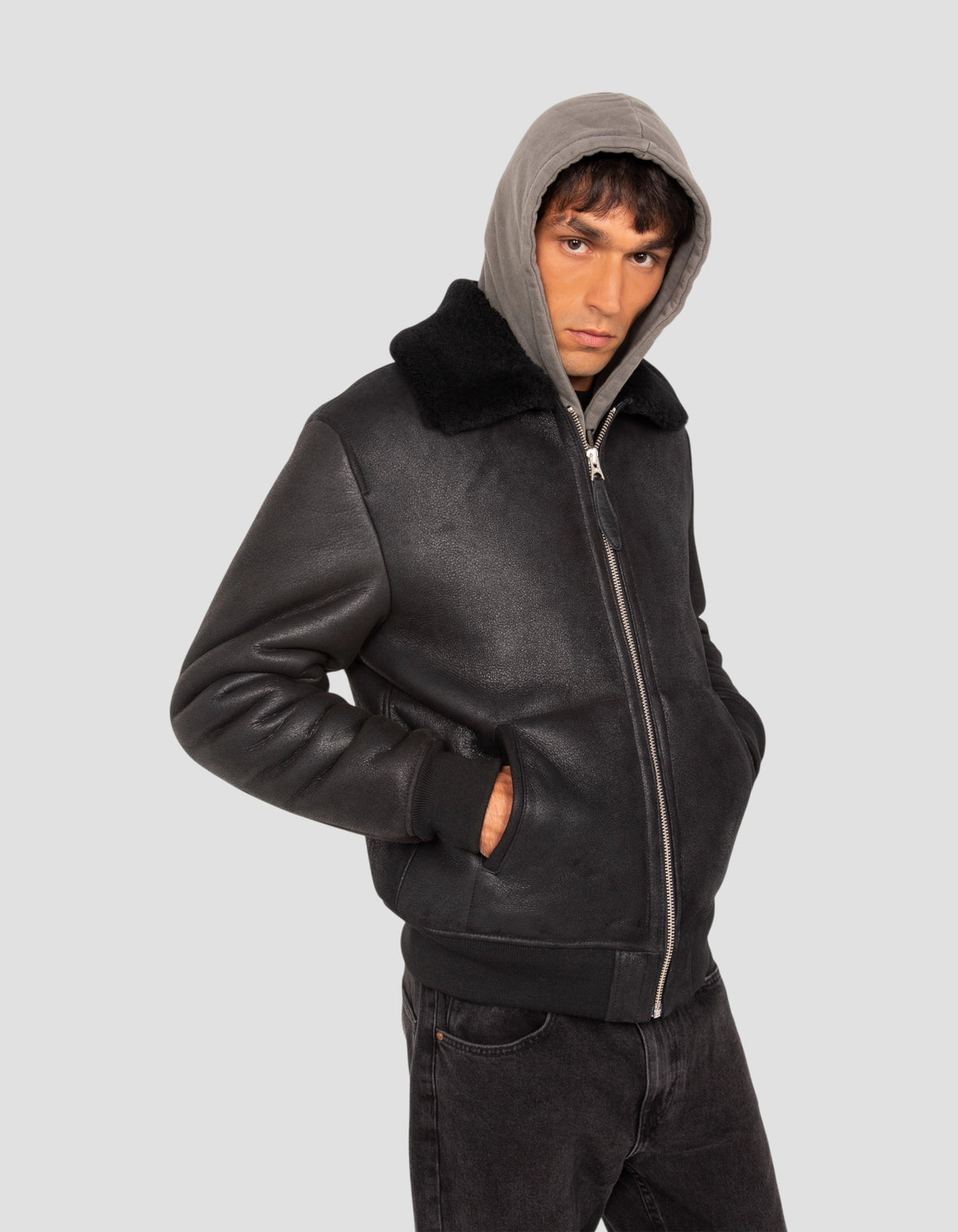 Blouson urban noir, mouton double face-4