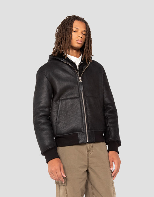 Black hooded urban jacket, double face sheepskin