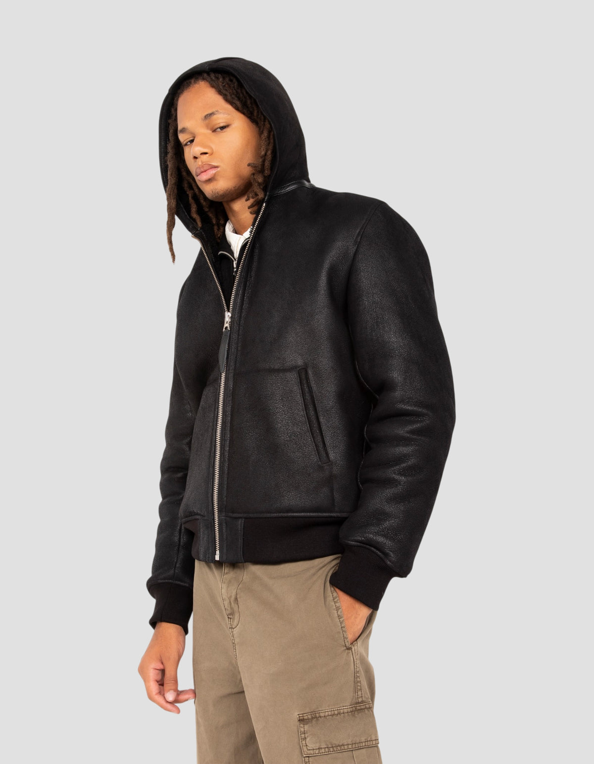 Blouson urban à capuche noir, mouton double face-5