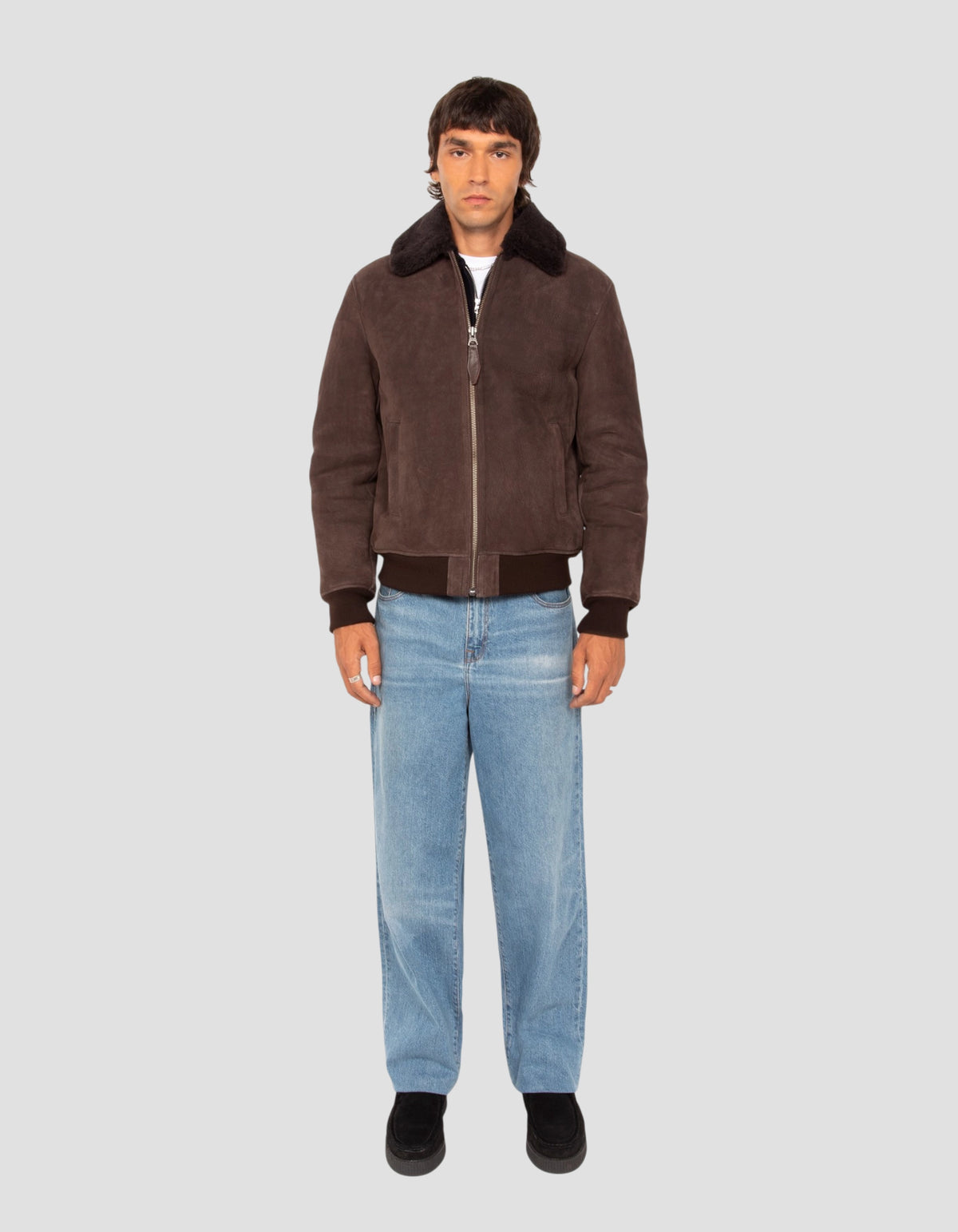 Blouson casual marron, mouton double face suédé