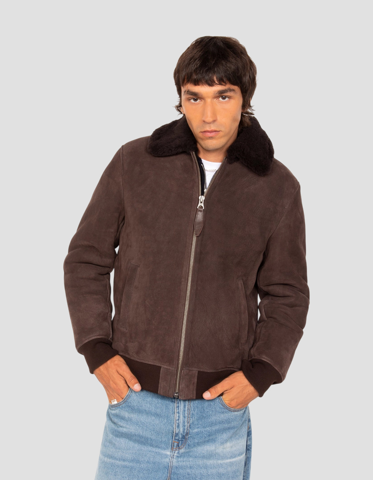 Blouson casual marron, mouton double face suédé-3
