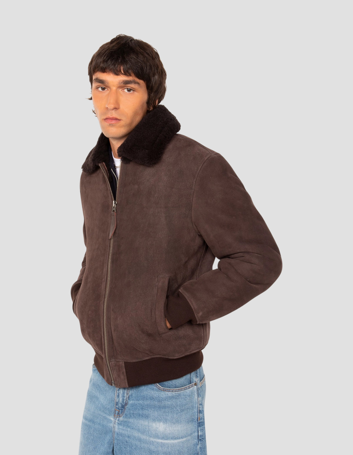 Blouson casual marron, mouton double face suédé