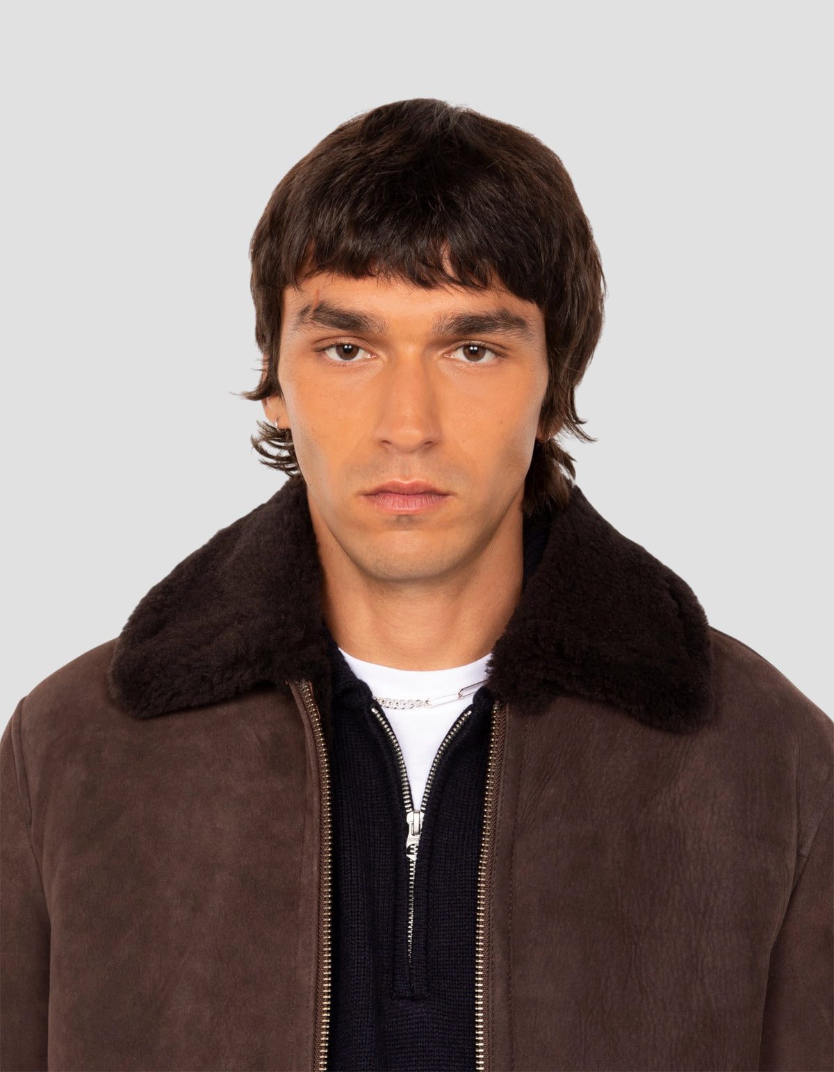 Blouson casual marron, mouton double face suédé