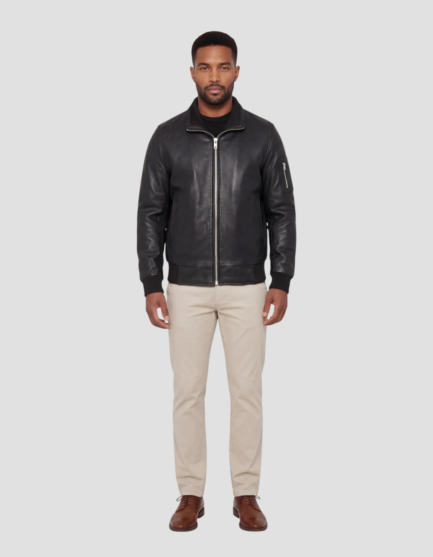 Black jacket stand-up collar, lambskin leather