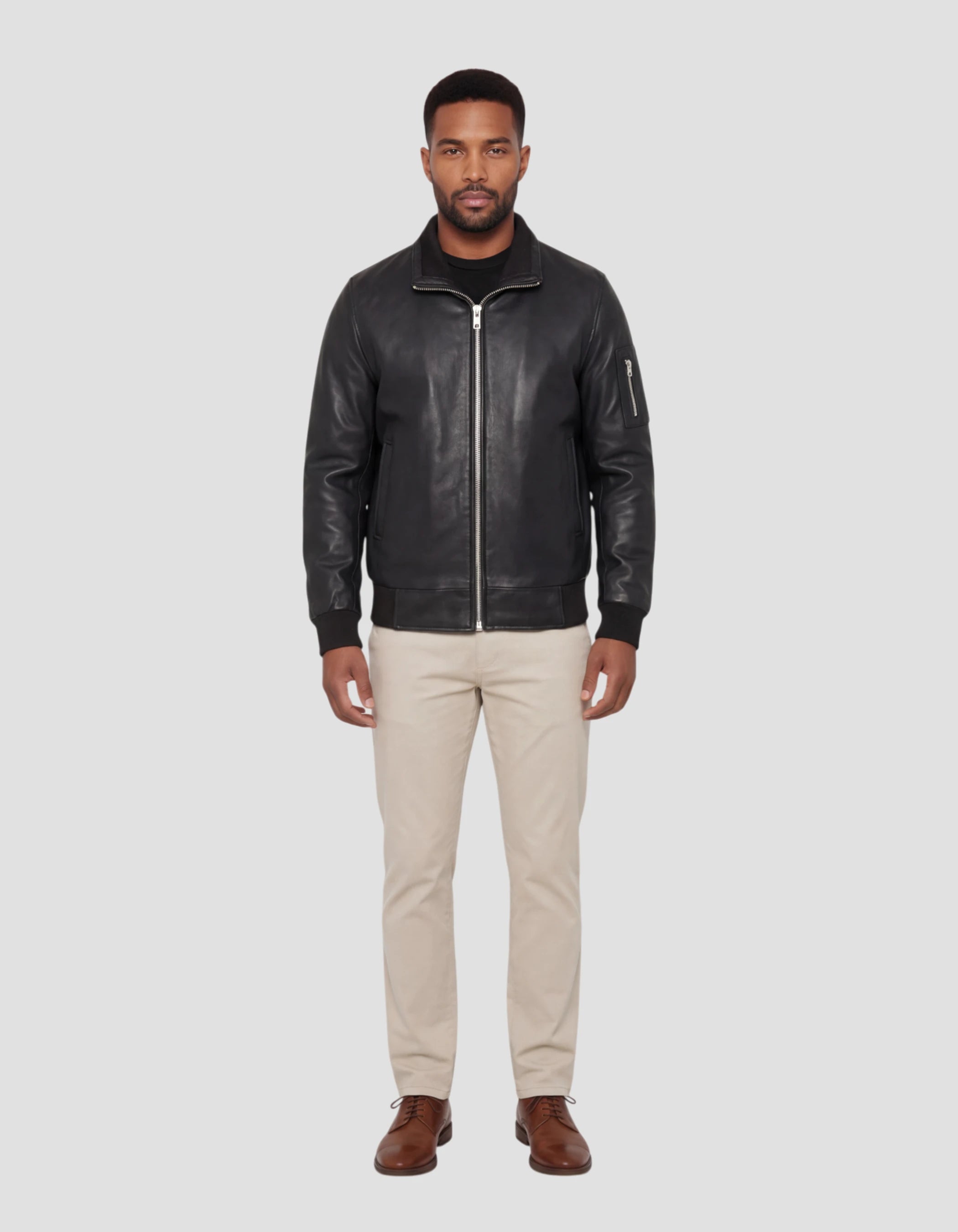Black jacket stand-up collar, lambskin leather-1