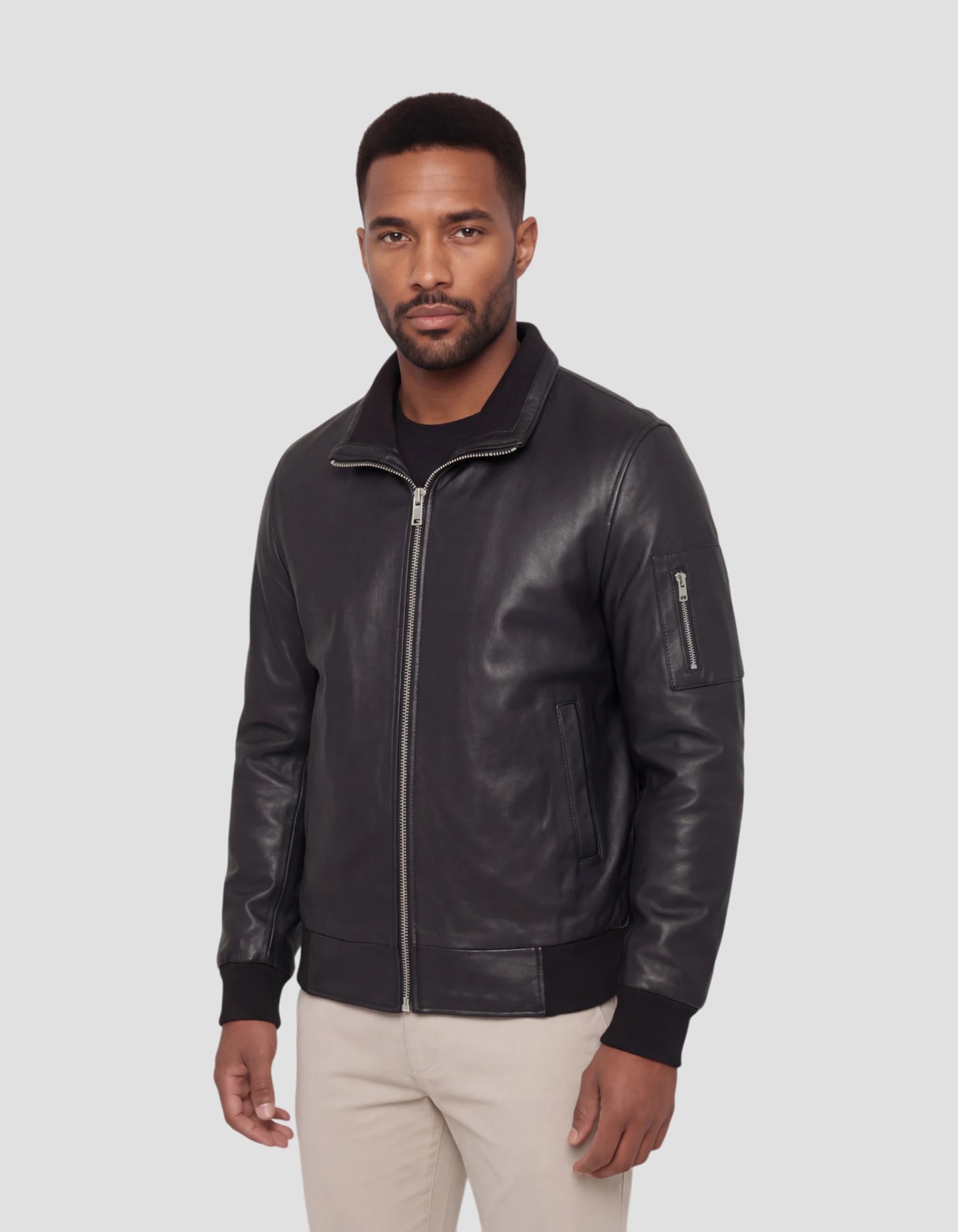 Black jacket stand-up collar, lambskin leather
