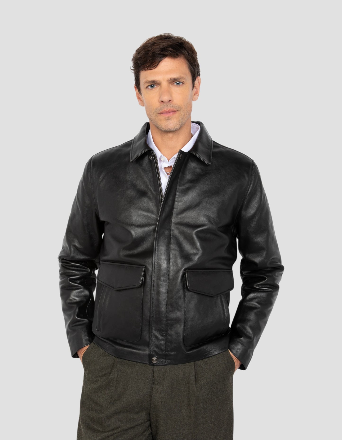 Chaqueta negra retro, cuero de cuero de vaca