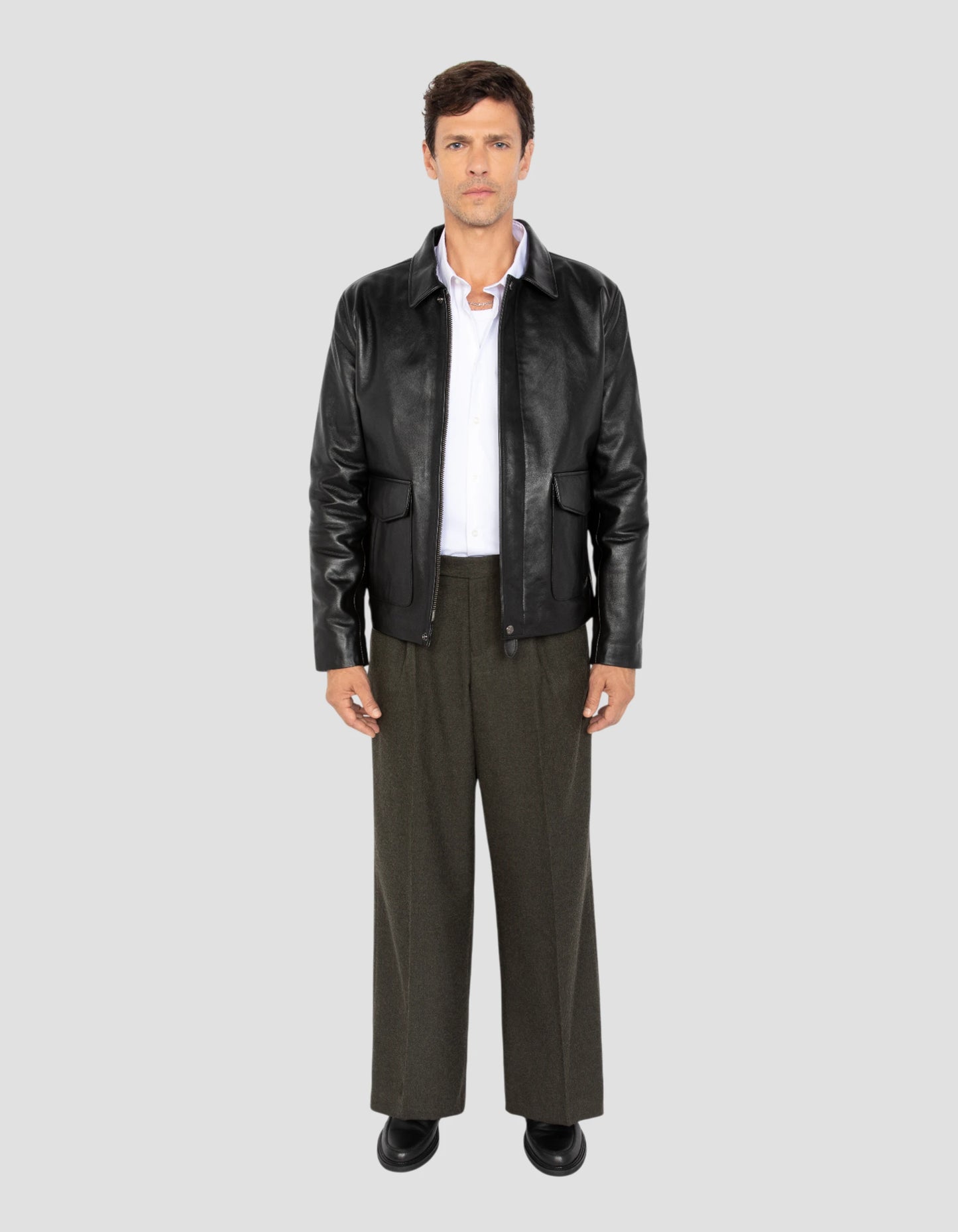 Chaqueta negra retro, cuero de cuero de vaca