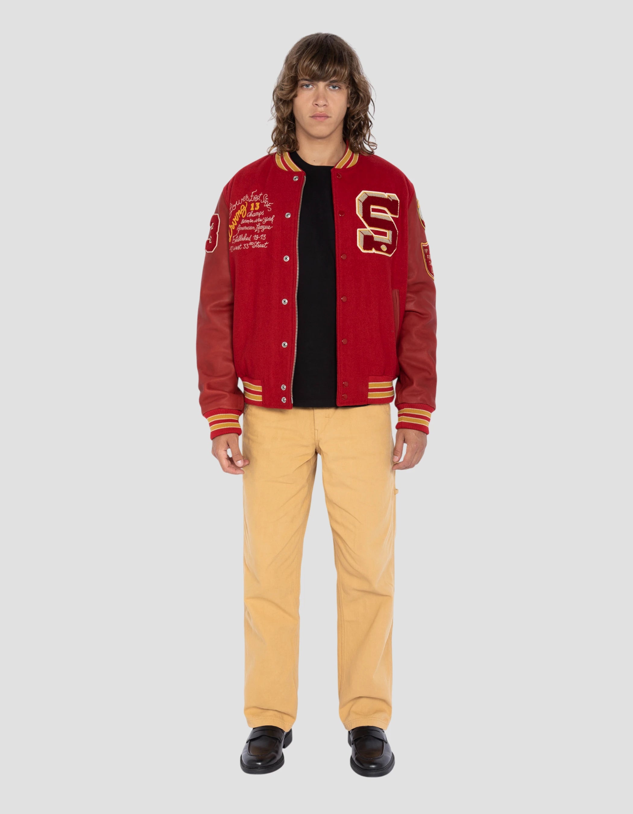 Chaqueta de peluche bordada roja, cuero de cuero de vaca-1