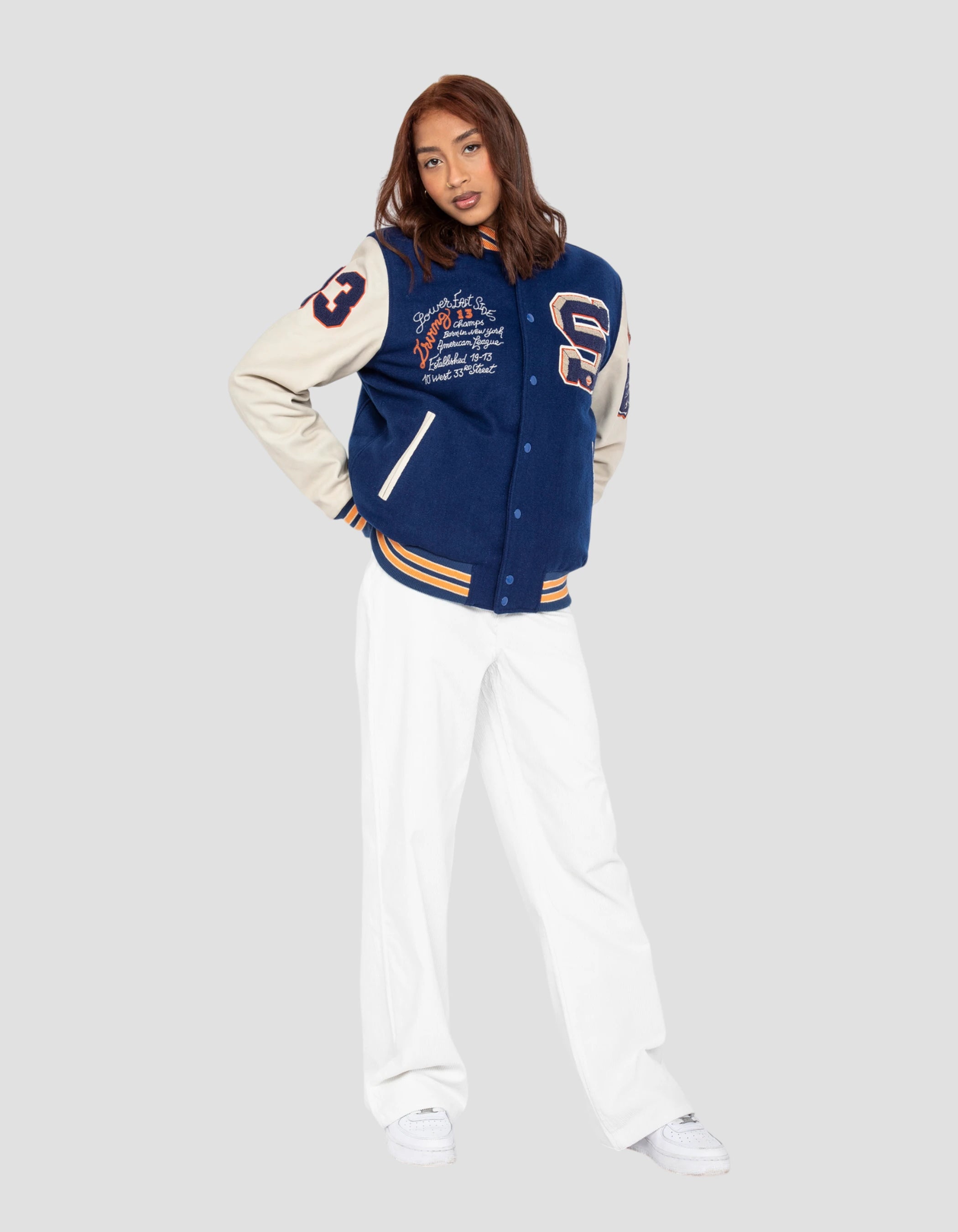 Giacca per orsacchiotto ricamato blu e bianco, in pelle di cowfide-5