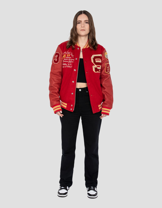 Giacca per orsacchiotto ricamato rosso, cuoio in pelle di mucca