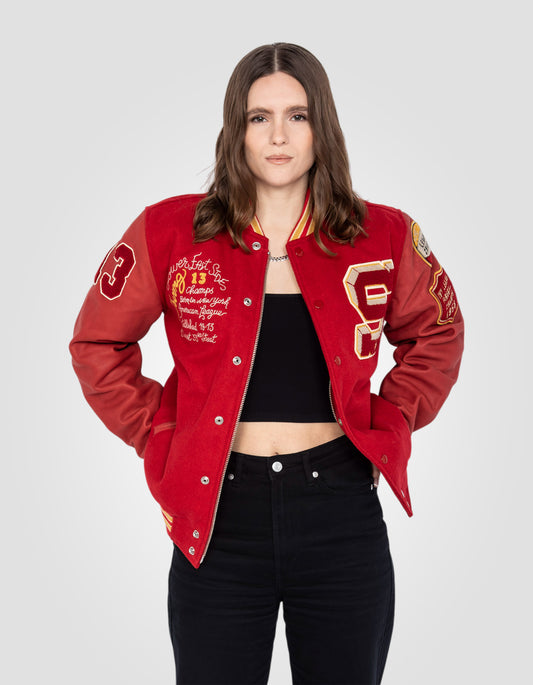 Giacca per orsacchiotto ricamato rosso, cuoio in pelle di mucca