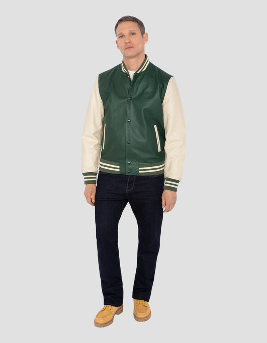 Bicolor green and white teddy jacket, lamb leather
