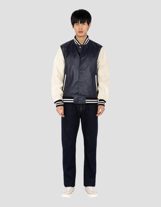 Navy and white bicolor teddy jacket, lamb leather