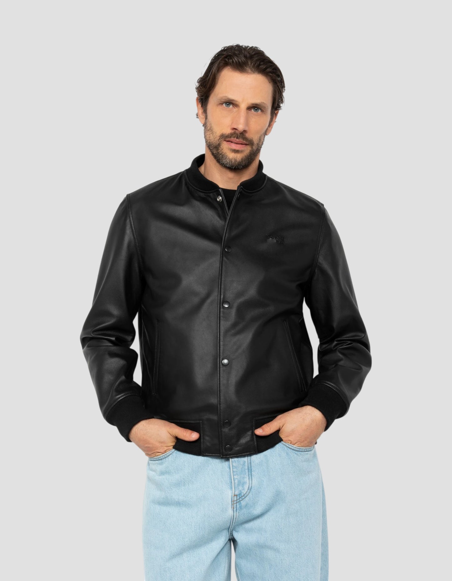 varsity jacket full black, lambskin leather