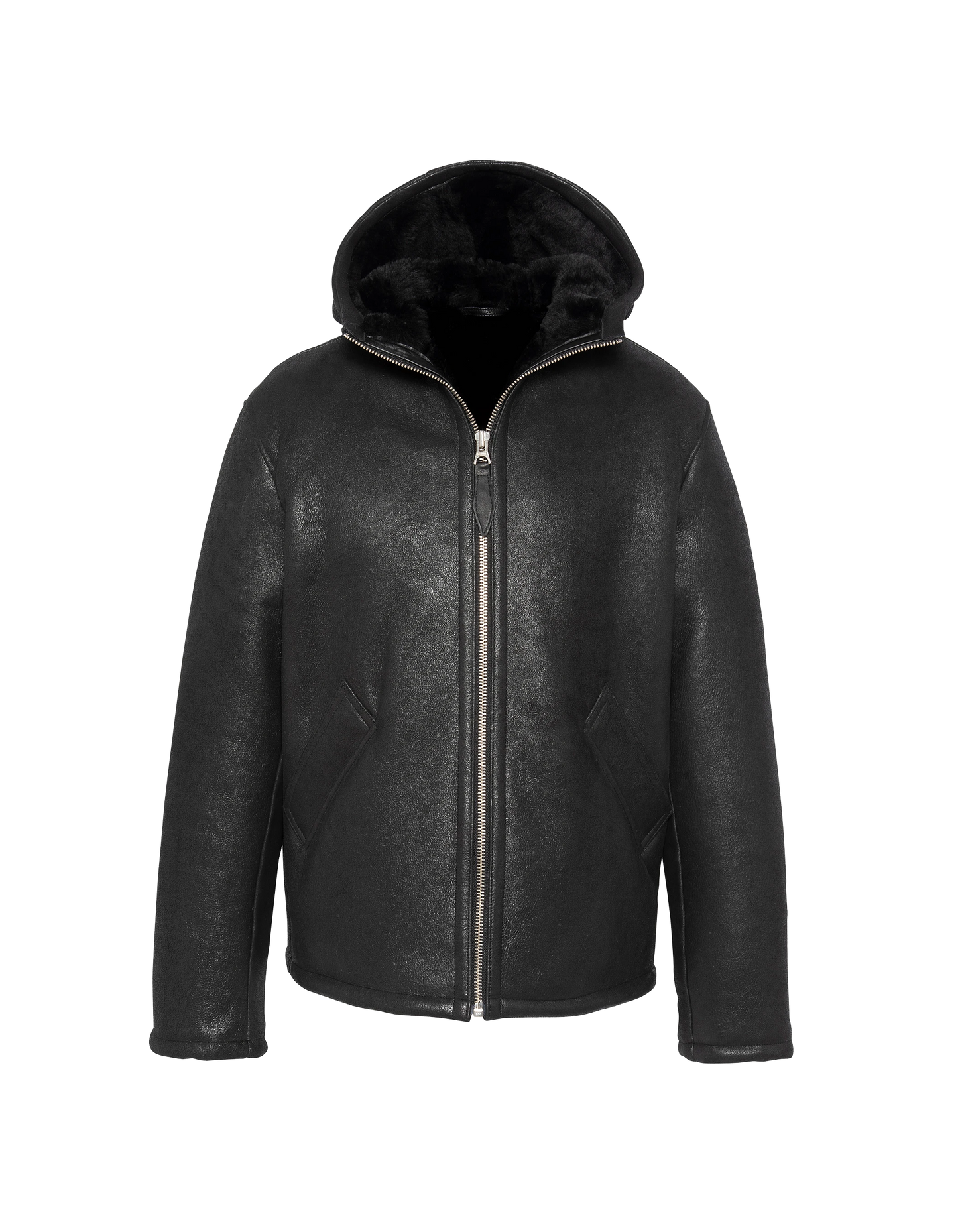 Casual hooded black jacket, sheep leather