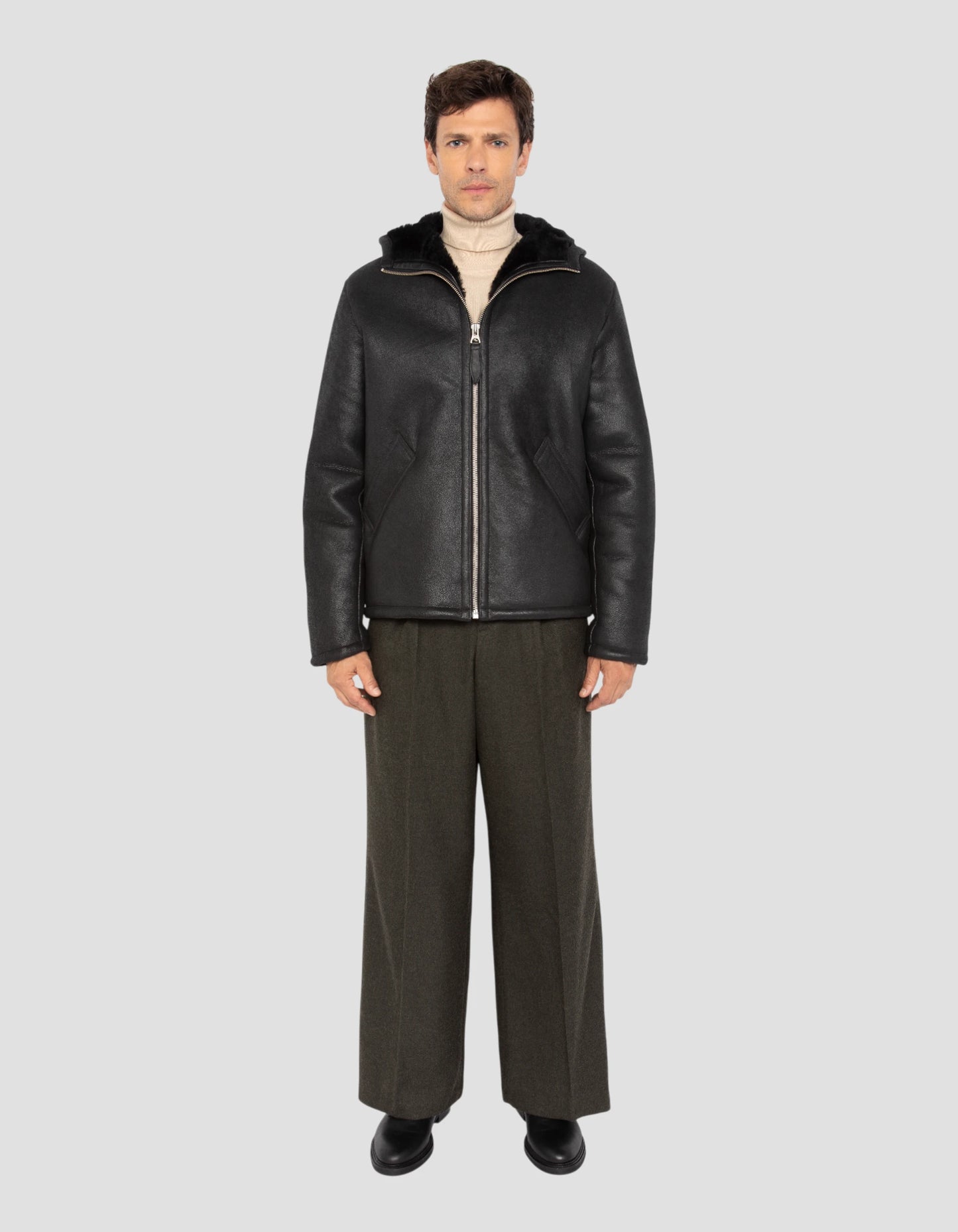 Casual hooded black jacket, sheep leather