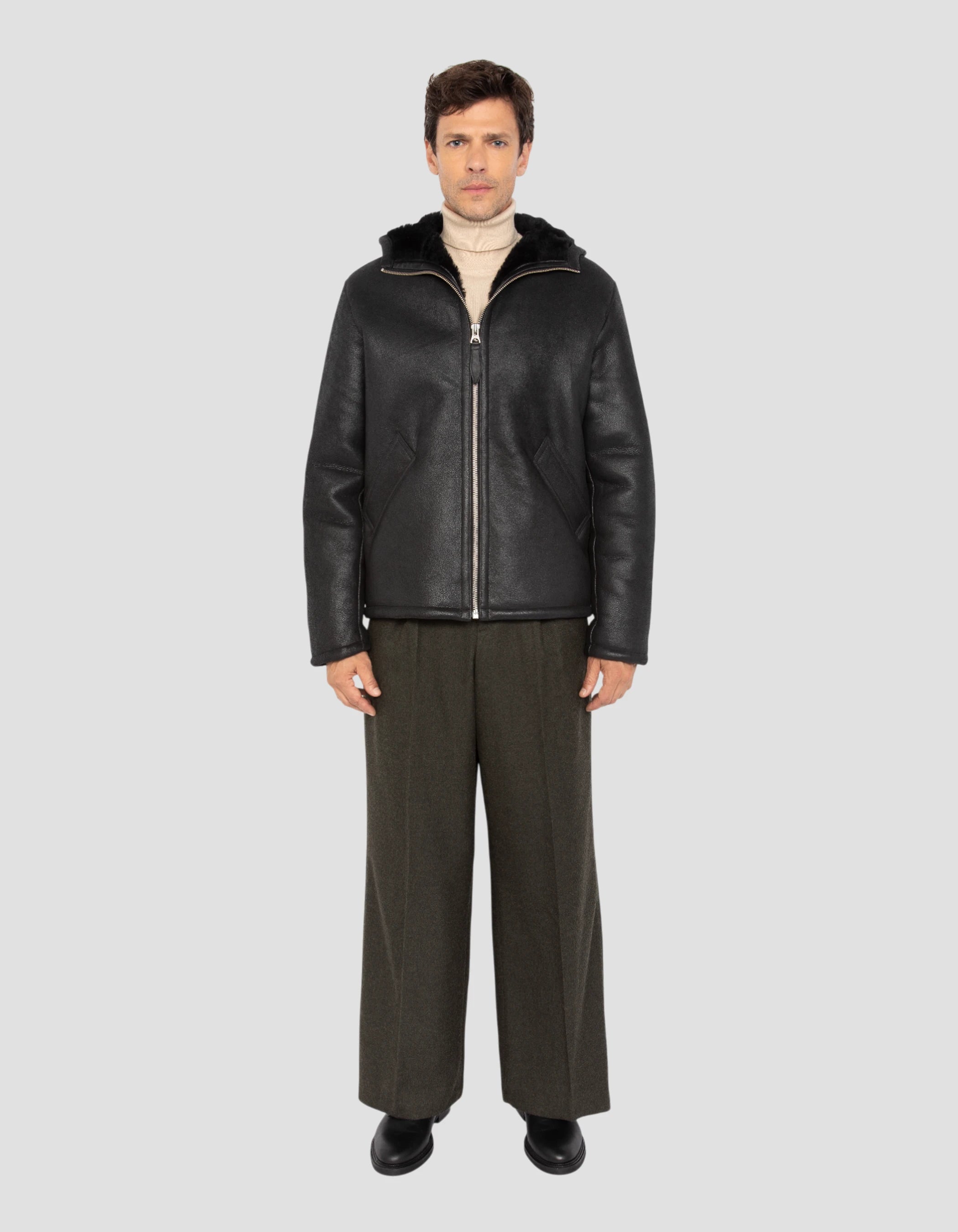 Casual hooded black jacket, sheep leather-1