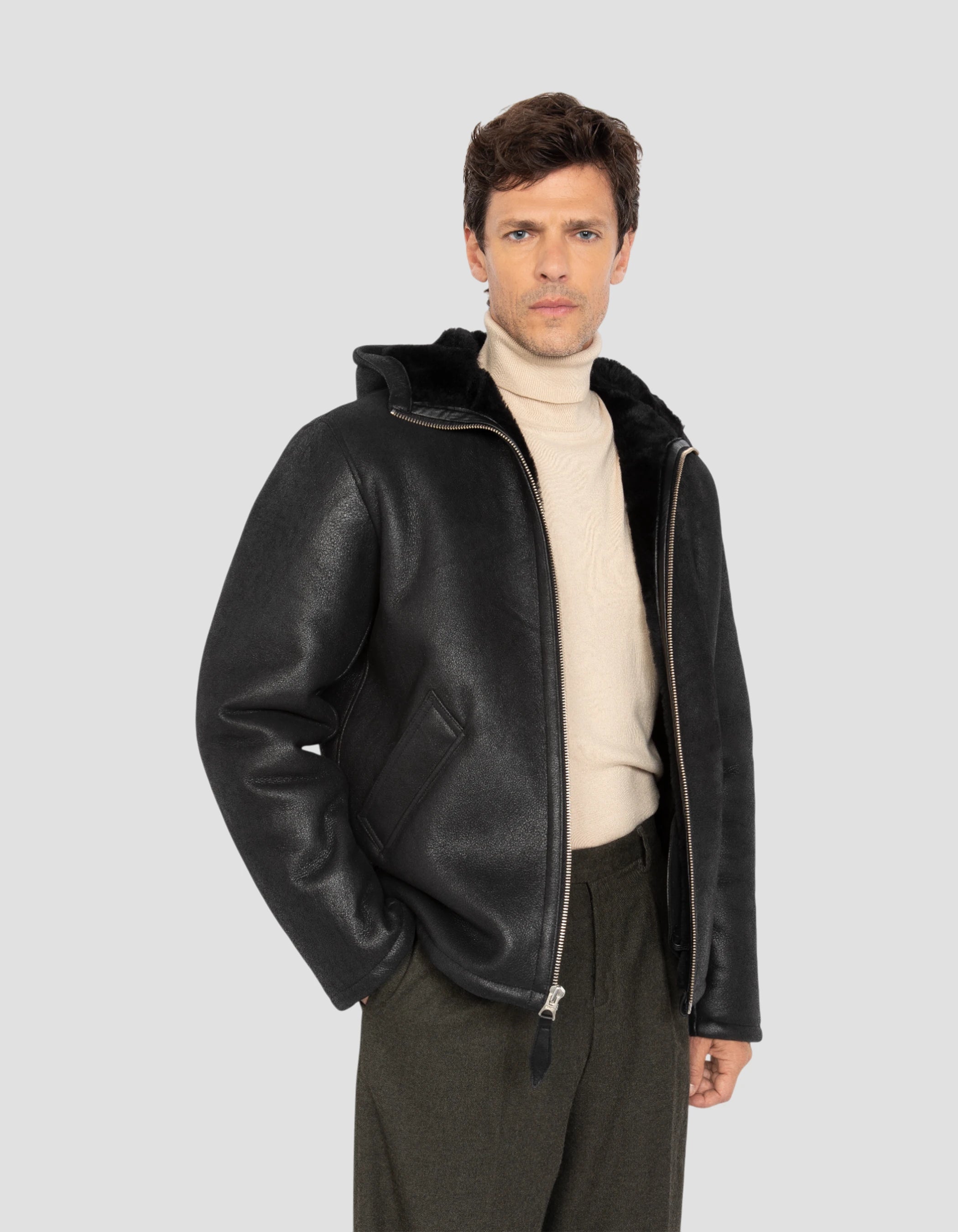 Casual hooded black jacket, sheep leather-4