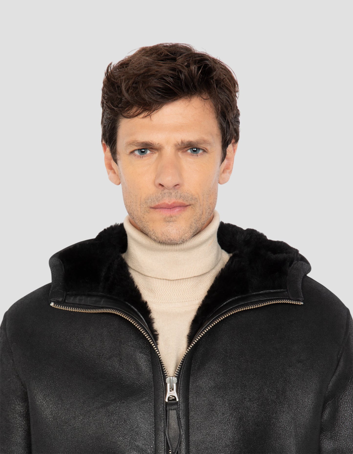 Casual hooded black jacket, sheep leather