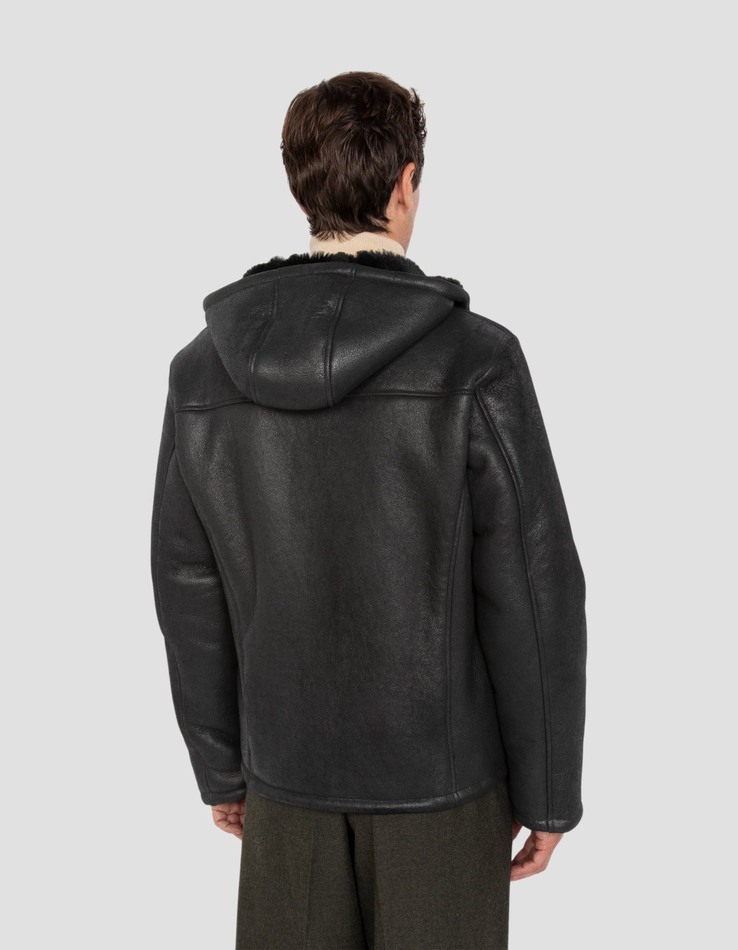 Casual hooded black jacket, sheep leather