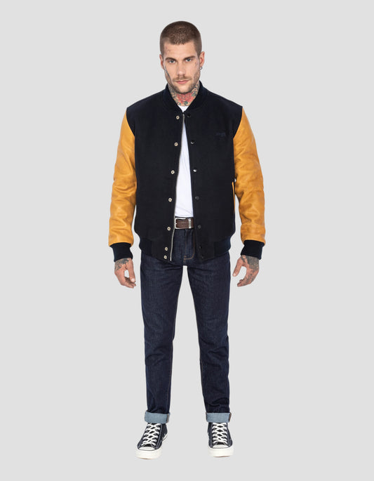 Chaqueta de peluche azul marino y coñac, cuero de cuero de vaca