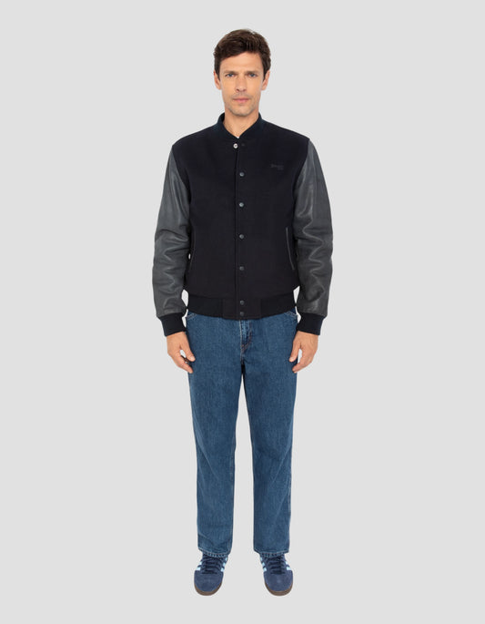 Navy blue teddy jacket, cowhide leather