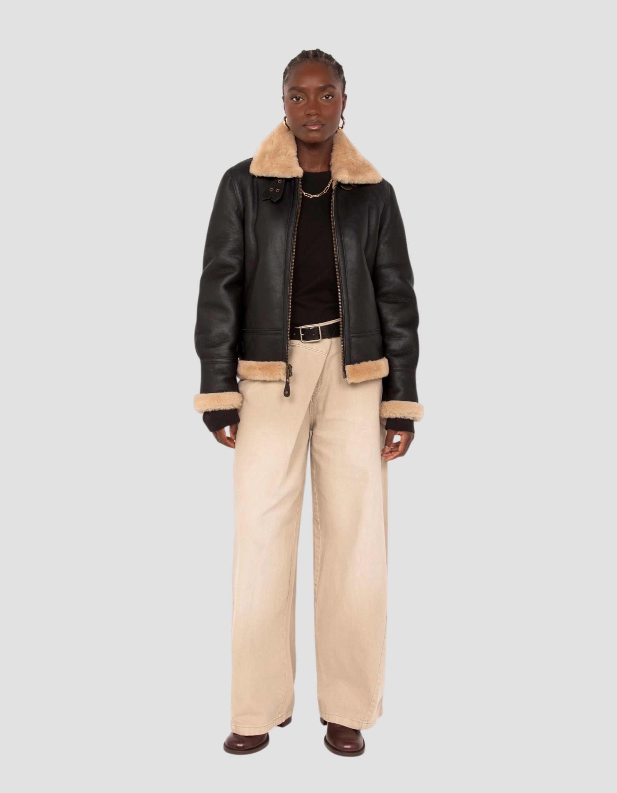 Blouson bombardier B-3 noir et beige, cuir de mouton-1