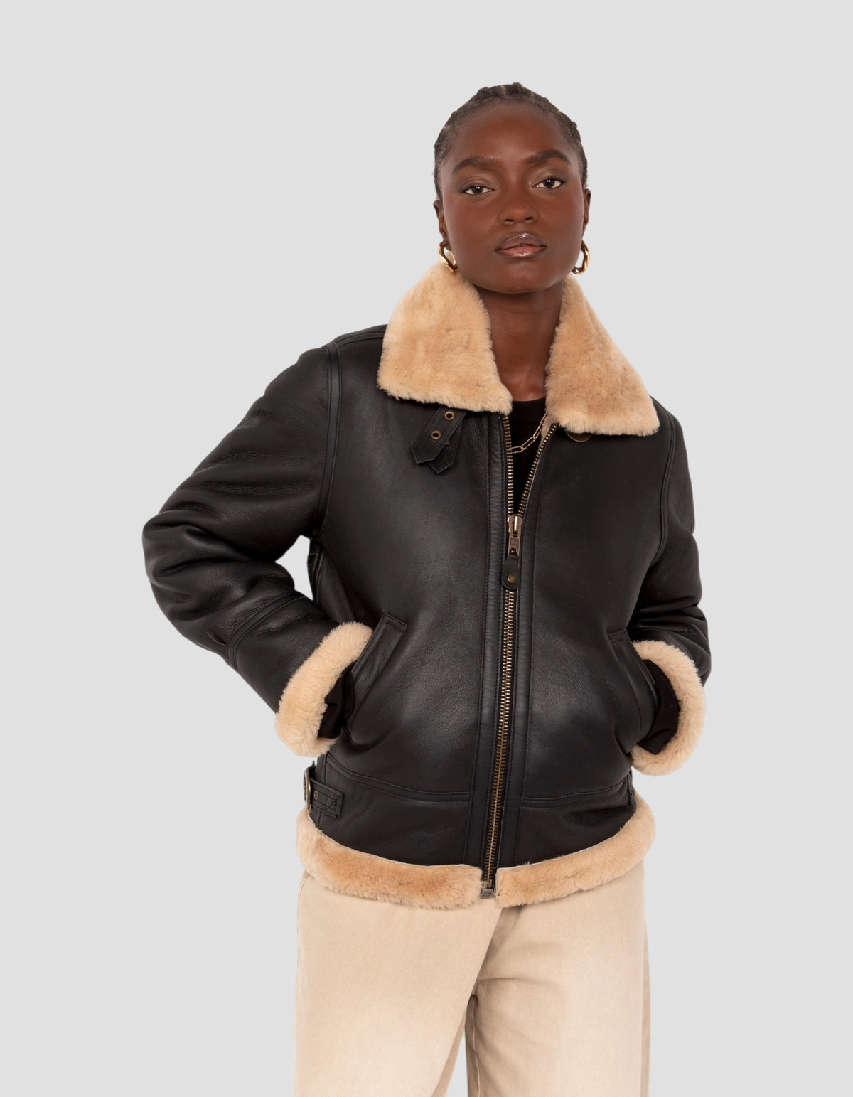 Blouson bombardier B-3 noir et beige, cuir de mouton-3