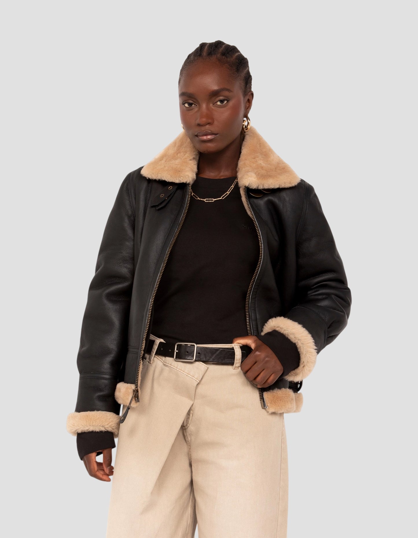 Blouson bombardier B-3 noir et beige, cuir de mouton