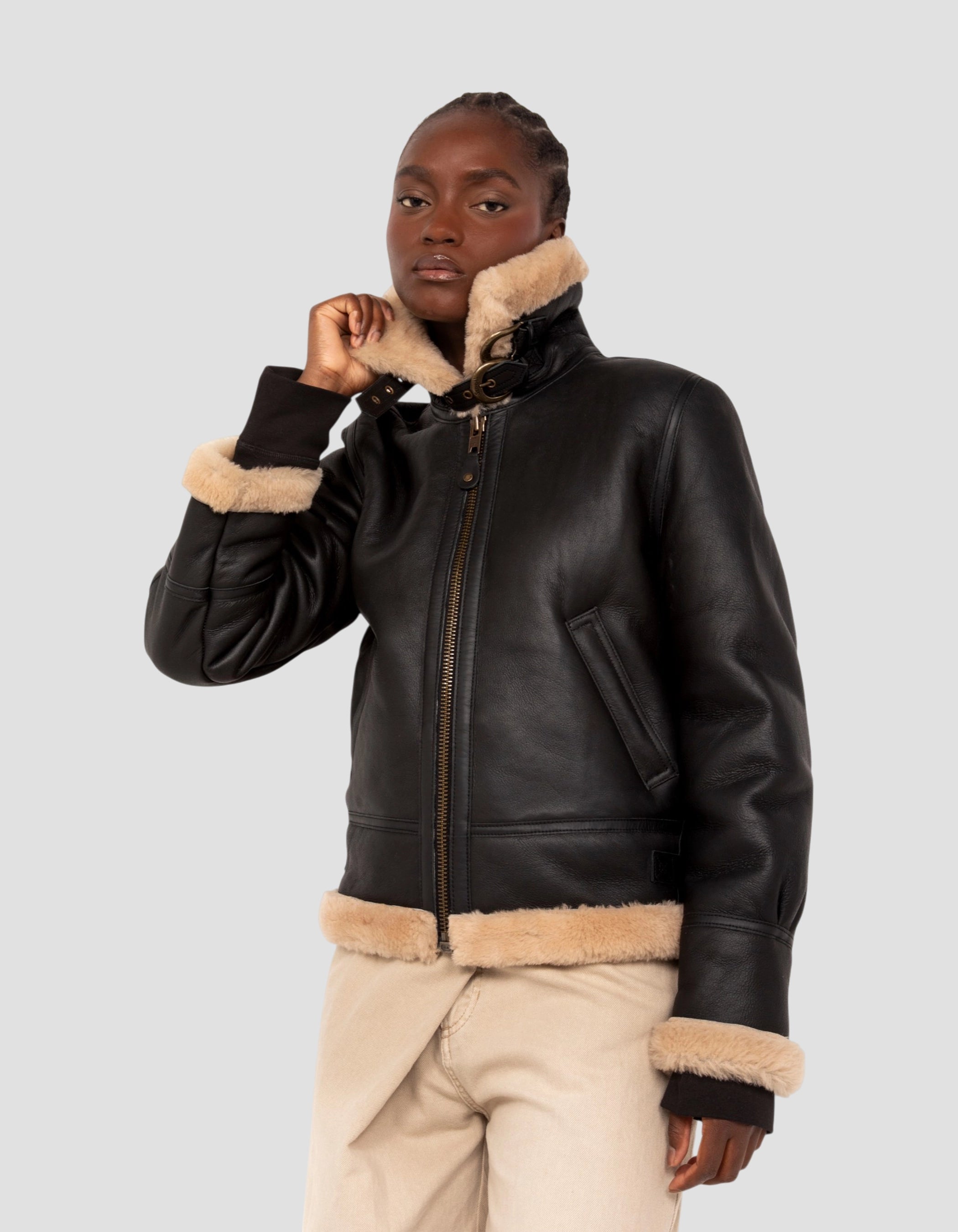 Blouson bombardier B-3 noir et beige, cuir de mouton-5