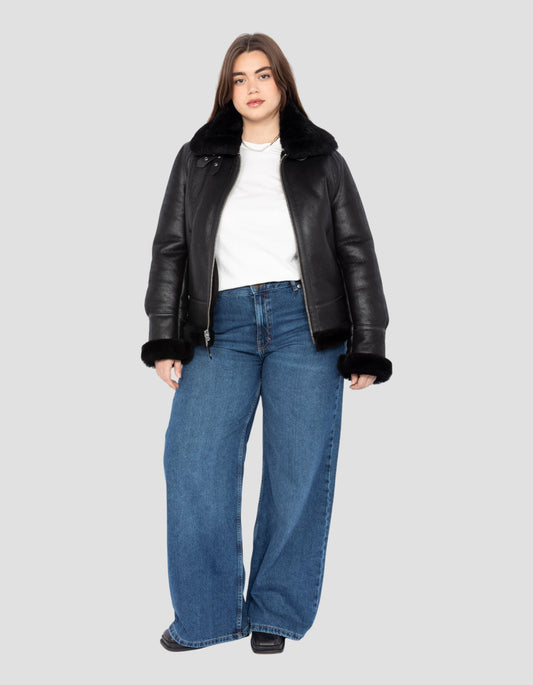 Black bomber jacket, type B-3, sheepskin leather, plus size