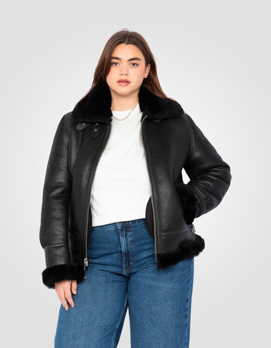 Black bomber jacket, type B-3, sheepskin leather, plus size