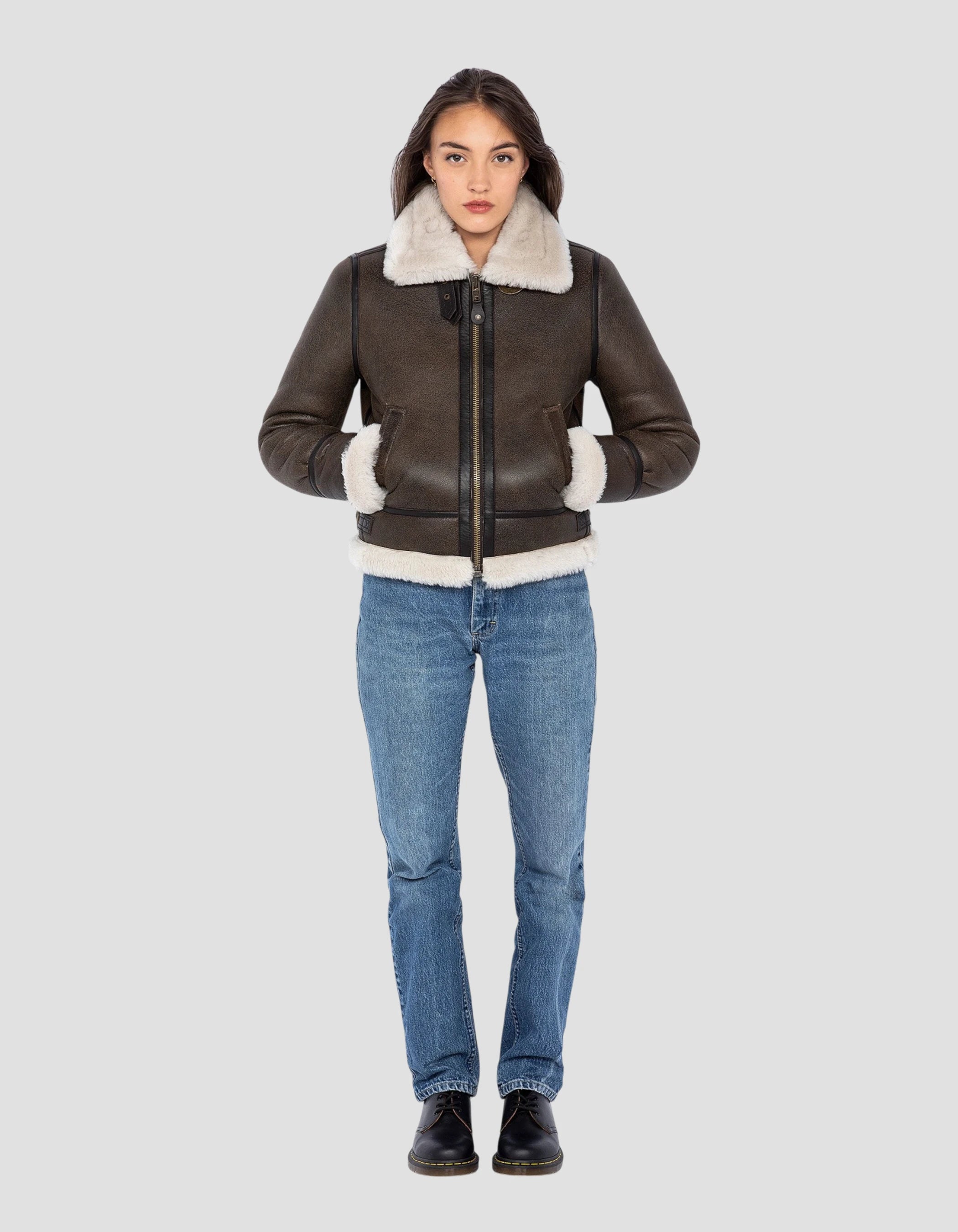 Blouson bombardier B-3 marron foncé, cuir de mouton-1