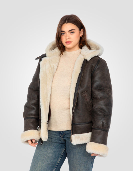 Bombardier b-3 marrone con cappuccio, pelle di pecora, grandi dimensioni