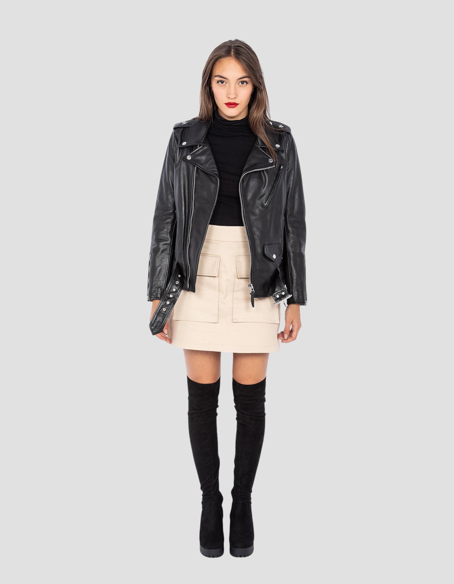 Perfecto® One Stern Black Jacke mit Gürtel, Cowhide Leder