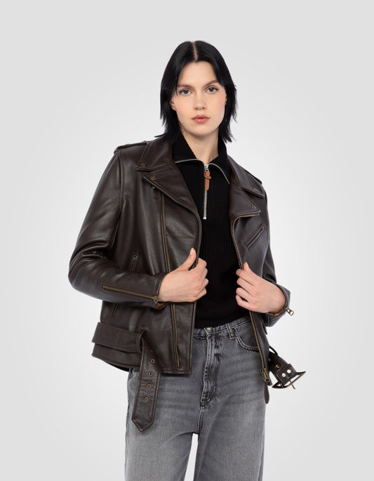 Blouson Perfecto® One Star marron foncé avec ceinture, cuir de vachette